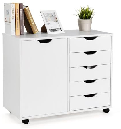 GOPLUS Rollcontainer mit Schubladen, mobiler Aktenschrank mit Schrank, Büroschrank mit 5 Rollen, für Drucker & Bücher, 78 × 39 × 65cm (Weiß)