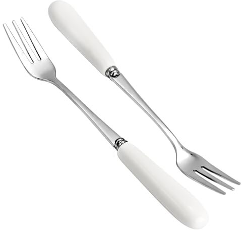 MEIYAHOME Tenedores de postre finos de acero inoxidable 18-10 (mango de cerámica blanca creativa), tenedores de degustación, tenedores de 3 dientes, sus304 de 6 pulgadas (2 piezas)