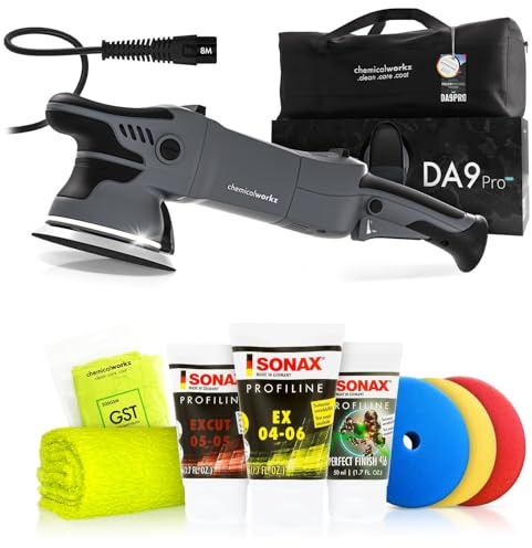 Poliermaschinen Set: chemicalworkz DA9 Pro Max Exzenter Poliermaschine + Sonax Politurset + Royal Pads Premium Polierpads - Auto Politur, Lack polieren, Kratzer entfernen, Aufbereitung | 8-tlg.