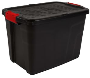 Strata Heavy Duty Large Storage Box with Lid, 60L, Lockable, Indoor/Outdoor, Clip Lock, Black with Red Handles