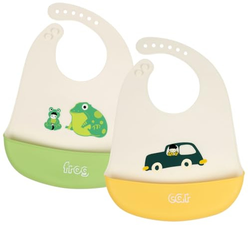Vicloon Baberos de Alimentación para Bebés, 2Pcs Baberos de Silicona con Recolector Alimentos, Impermeables/Suave Ajustable/Fácil de Limpiar, Baberos para Bebes Unisex, Coche y Rana
