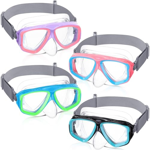 Flutesan 4 Pcs Kids Swim Goggles with Nose Cover Elastic Strap Diving Swim Mask Swimming Goggles for Kids No Leaking Waterproof Clear Snorkel Goggle(Blue, Green, Black, Purple)