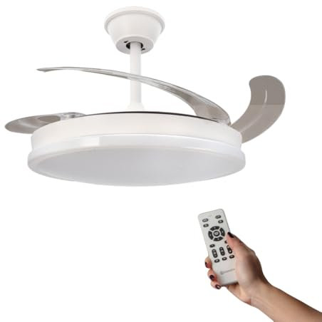 mimotec M Ventilateur de Plafond avec Lumière LED Otah Star Blanche, Télécommande, Moteur DC, 6 Vitesses, Silencieux, Lames Rétractables, Fonction Été-Hiver, Minuterie, CCT