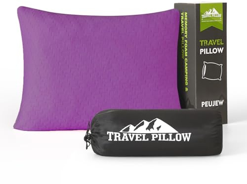 PEUJEW Travel Pillow Camping Pillow, Compressible Memory Foam Small Pillow with Waterproof Bag, Breathable Cover, Ideal for Camping, Backpacking, Car and Airplane (S, Purple)