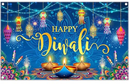 Luminora 1,82 x 1,1 m Blå höst lycklig Diwali bakgrund lyktor fyrverkeri blommor olja lampor bön bakgrund indisk festival fest inredning foto banner rekviziter