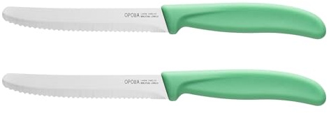 OPOLIA Tomato Knife Set of 2,Serrated Kitchen Knives,Sharp Blade Classic Utility Knife,Stainless Steel Wavy Edge Tomato Knives&Table Knives,Green Plastic Handle Dinner Knifes,Dishwasher Safe