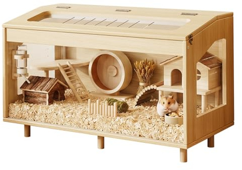 EXPERLAM Wooden Hamster Cage 80 cm, 50 cm Tall Large Small Animal Habitat with Openable Mesh Top, Chew-Resistant Acrylic Panels and Removable Floor Panel, Wood Enclosure for Gerbils (80 * 40 * 50 cm)