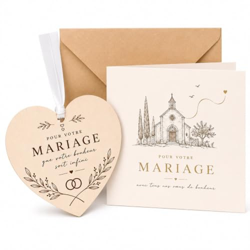 Carte Mariage Félicitation, Cadeau de Mariage Chic avec Enveloppe et Plaque | Set Cadeau avec Coeur en Bois À Suspendre et Enveloppe Kraft, Carte Félicitations Mariage Originale pour Les Jeunes Mariés