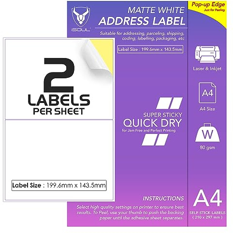 2 Labels Per A4 Sheet, 50 Sheets 100 Sticky Label, Printable Sticker Paper, iSOUL Matte Self Adhesive Address Mailing, Shipping, Postage, Laser & Inkjet Printer Compatible [Quickdry]