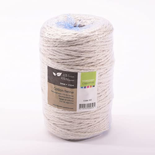Vaessen Creative Twine String, White, 2mm x 150m, Cotton Mix Macramé Rope for Gardening, Threading Beads, Boho Décor, Making Friendship Bracelets and DIY Crafts, 2 mm x 150 m