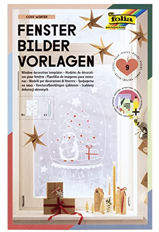 folia 39149 Window Picture Set Cosy Winter with 8 Pre-Printed Design Templates for Winter, Christmas and Autumn, Includes 1 Chalk Marker in White