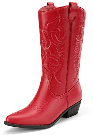 DREAM PAIRS Bottes Western Femme Boots Cowboy Mi-Mollet à Enfiler Style Cowgirl Bottines,Size 40,Rouge,SDMB2218W