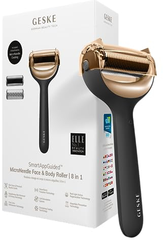 GESKE | SmartAppGuided™ MicroNeedle Face & Body Roller | 8 in 1 | Derma Roller | Elektrisches Microneedling | Nadelroller | Needleroller | Beauty Roller für Gesicht und Körper | kühlender Aufsatz