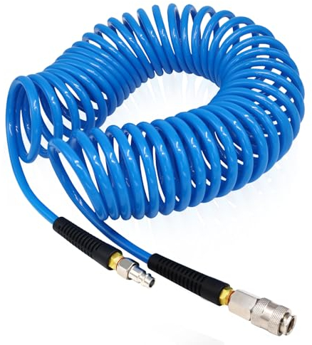 FANOVO 5m Length Air Compressor Hose Polyurethane Recoil, 1/4 Europe Quick Coupler and Bend Restrictors for Air Compressor Accessories, 6mm ID x 9.5mm OD Blue Retractable Hose