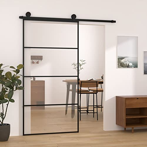 Gecheer Porta,Scorrevole,con Set Binario,con Ferramenta,in Vetro ESG e Alluminio,Nero e Trasparente,102,5x205 cm,3 Barre Orizzontali,Set Porte Sorrevoli con Kit Binario,Porta Scorrevole in Vetro