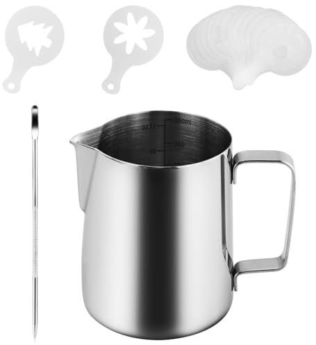 350ml/12oz Metal Milk Frother Jug with Latte Art Pen & 16 Plastic Coffee Stencils, 304 Stainless Steel Milk Steaming Jug Includes Interior Measurement Lines, Milk Frothing Pitcher for Espresso Machine