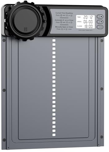 Aluminum Automatische Hühnerklappe Batterie, MASTERFUN Elektrische Hühnerklappe mit Wasserdicht Großes Display, Timer, Manuelle, Hühnerklappe Automatisch Hühnertür, Intelligenter Einklemmschutz, Weiß