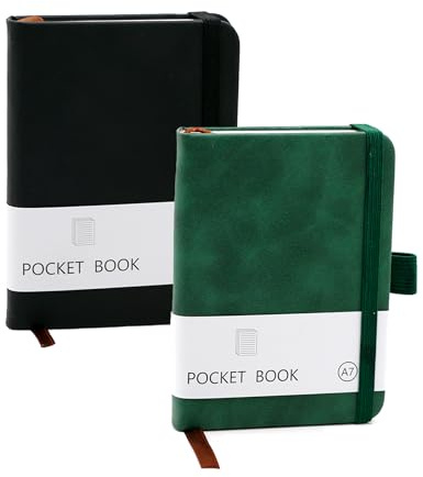 CiciIng 2 taccuini piccoli formato A7, taccuino tascabile con chiusura elastica, mini quaderni con portapenne, tasche per diario scolastico, lavori di ufficio (nero, verde)