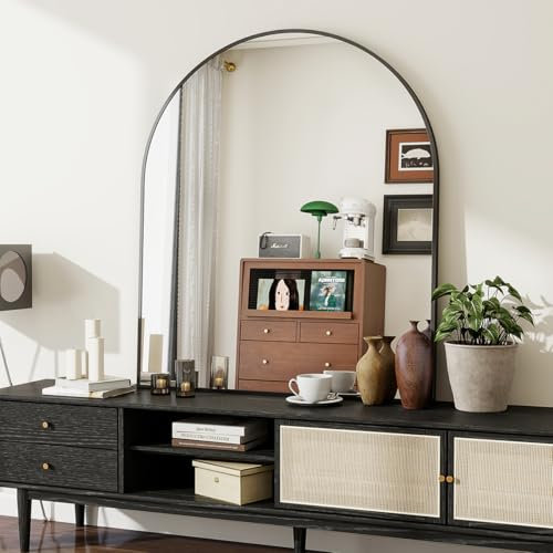 BEAUTYPEAK Bogen Wandspiegel mit Schwarz, 81x78 cm Bruchsichere Aluminiumlegierung Rahmen Badspiegel, Kann an die Wand Gelehnt oder Aufgehängt Werden, Standspiegel für Schlafzimmer, Bad und Toiletten