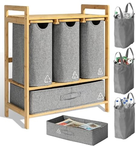 Terratur 4 Section Recycling Bin for Kitchen – Trash and Recycle Bin Combo for Paper, Plastic, Cans – Indoor Recycling Station – Large Kitchen Trash Can – Office Trash and Recycle Bin Organizer