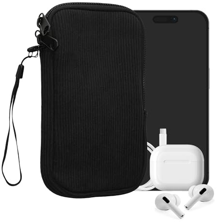 kwmobile Universal Smartphone Sleeve - Corduroy with Hand Strap and Zipper Closure - Internal Mesh Pocket - Mobile Phone Sleeve Pouch - Neoprene Phone Sock - Black