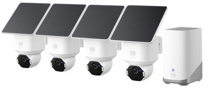 eufy Security eufyCam E42, Kit de 4 cámaras + Homebase3, Giro de 360°, Seguimiento con IA, resolución 4K, inalámbrica, Camara vigilancia WiFi Exterior Solar, sin Costo mensual