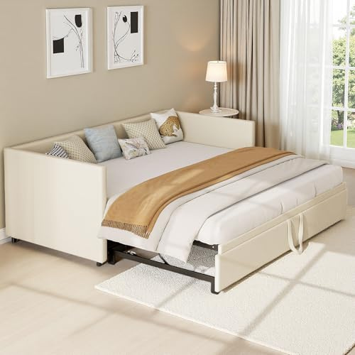 Sofá cama extensible 90/180 x 200 cm, cama tapizada 90 x 200 cm, cama diaria multifuncional, cama de invitados, sofá cama de 2 plazas, para salón, dormitorio, terciopelo, beige