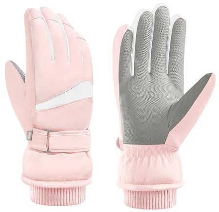 Andiker Damen wasserdichte Skihandschuhe, Winter Touchscreen Thermohandschuhe mit Fleece, winddichter Snowboardhandschuh zum Skifahren, Laufen und Radfahren (Rosa-Weiß)