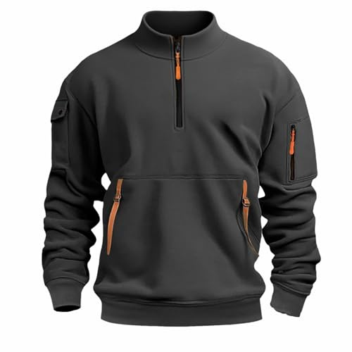 Work Jumpers For Men Tactical Quarter-Zip Stand Collar Sweatshirt Tracksuit Tops Combat Oversized Casual Workout Gym Sportwear Autumn Winter Streetwear (Dark Gray, XL)