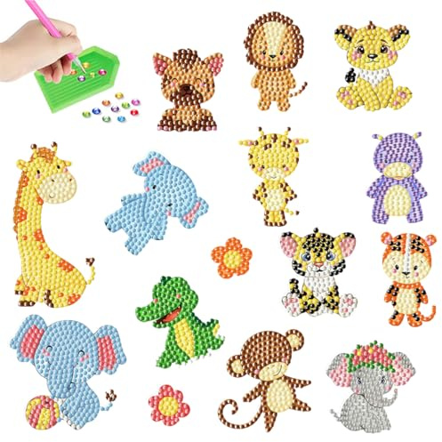 Diamond Painting Pegatinas Niños, Diamond Painting Kit, Pegatinas Piedras con Animales, Cuadro de Diamantes DIY para Niños, Kit de Materiales para Cuadro de Diamantes, Manualidades, Regalo para Niños