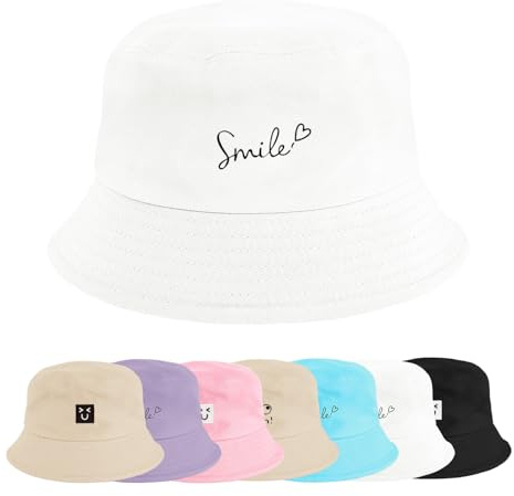 Xnova Cappello Pescatore Pieghevole Bucket Hat Cotone Donna Uomo Protezione del Sole Cappelli Leggero Cap da Pesca Faccia Sorridente Cappellino per Spiaggia all'Aperto (Lettera-bianco, 56-58cm)