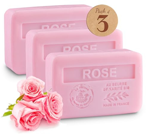 Shea Butter Rose Soap Bar - Set of 3x250g - Perfumed Natural Soap - 97% Natural Ingredients - Made in Provence