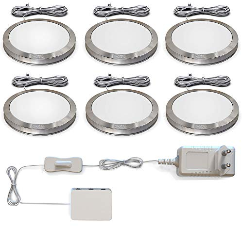 B.K.Licht - 6er Set Unterbauleuchte mit Kabelschalter, warmweiße Lichtfarbe, je 1,8W, Unterbauleuchte Küche, LED Lichtleiste Küche, Schrankbeleuchtung, Küchenlampe, 59x9,5 mm, Aluminiumfarbig