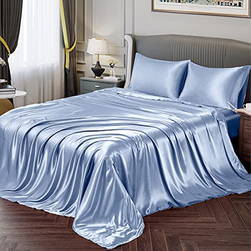 Vonty Satin Sheets King Size Silky Soft Satin Bed Sheets Baby Blue Sheet Set, 1 Deep Pocket Fitted Sheet + 1 Flat Sheet + 2 Pillowcases
