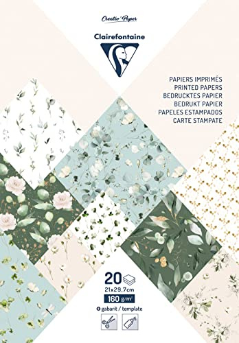 Clairefontaine 95545C - Blocco da 20 foglia motivi romantici Formato A4 (21x29,7cm) 160g + Alfabeto con adesivi+Idee creative -carta per scrapbooking, hobby creativi