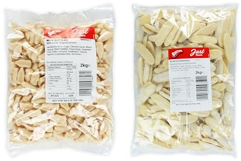 Vintage Retro Dual Pack: Bulk Bags of Classic Nostalgic Treats - Milk Bottles 2kg and Bumper Candy Bananas 2kg - 2,14