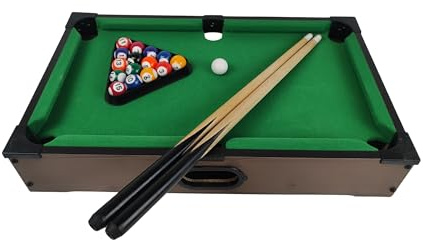 B4E 20'' Brown Pool Table Game Kids and Adults | Indoor & Outdoor Portable Wooden Classic Pool Table Games with Balls with storage box, 2 Cues, 1 Triangle, Chalk (Small)
