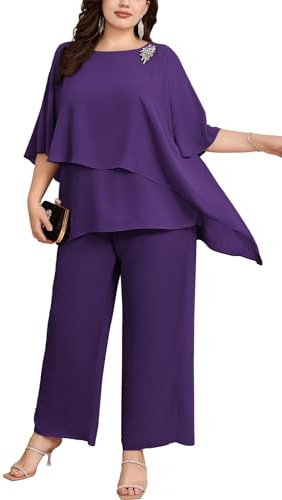 Hanna Nikole Hosenanzug Damen Große Größen Zweiteiler Fledermausärmel Cape-Ärmel Strass Lose Rundhals Chiffon Shirt Hohe Taille Elegant Hohe Taille Lange Hose Lila 44