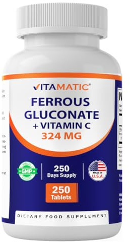 Vitamatic Ferrous Gluconate 324 mg + Vitamin C 100 mg - No Artificial Color Additives - Gentle on Stomach - 250 Coated Tablets - Made in USA
