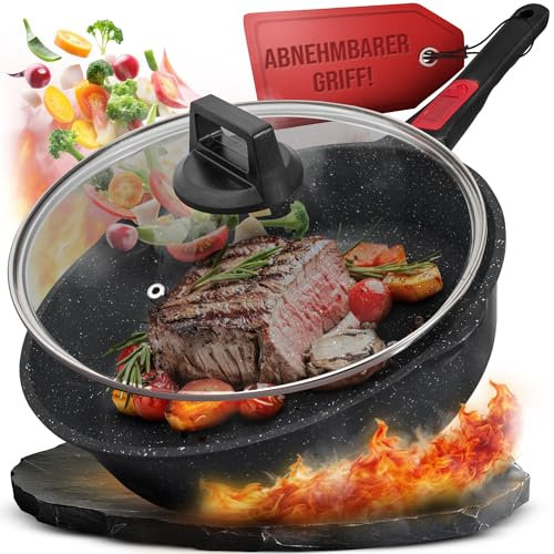 Smitsch Bratpfanne 28 cm mit Deckel – Beschichtet, abnehmbarer Griff, spülmaschinenfeste,ofenfeste pfanne,pfannen induktion, pfanne 28 cm hoher rand, PFOA frei, Pan 28cm