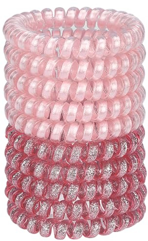 JessLab Spiral Hair Ties, 10 Pcs No-Damage Elastic Bands, Bobbles for Women | Pink Glitter, Small Clear Coils for Thick or Fine Ponytails, Kids and Girls, Water-Resistant for Swimming, Gym, School