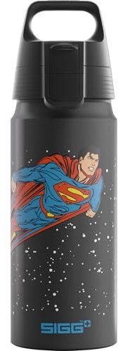 SIGG - Alu Trinkflasche Kinder - WMB ONE Superman - Kohlensäuregeeignet - Auslaufsicher - Federleicht - BPA-frei - Klimaneutral Zertifiziert - Sport & Schule - Schwarz - 0,6L