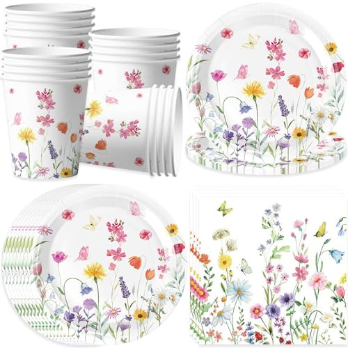 pekifaves Juego de vajilla para fiestas florales para 16 comensales, platos, servilletas y vasos para fiestas de cumpleaños flores silvestres, platos de papel desechables y vajilla