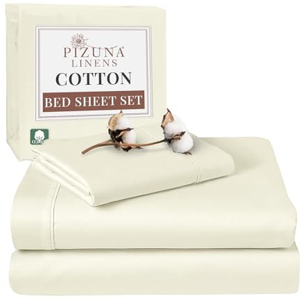 Pizuna 100% Cotton Single Bed Sheet Set Off White 400 Thread Count | 400 Thead Count Long Staple Cotton Bedding, 180x280 cm, Soft Sateen 3 Pc - Fitted Sheet & 1 Pillowcase