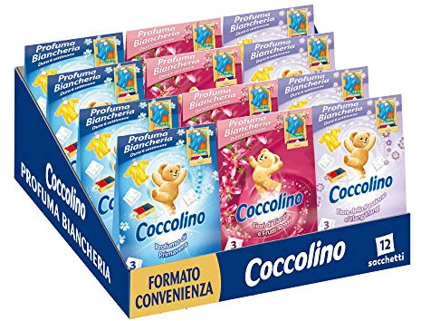 Coccolino Parfum Biancheria, 3 sachets pour chaque lot de parfums assortis, parfum printemps, fleurs de tiaré & fruits rouges, ylang ylang, lot de 12 pour un total de 36 sachets