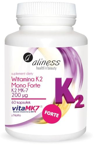 Aliness - Vitamin K2 Mono FORTE - 200 mcg K2 Mk-7 (VitaMK7®) pro Kapsel - Laktosefrei - Glutenfrei - Nahrungsergänzungsmittel für Frauen - 60 Kapseln