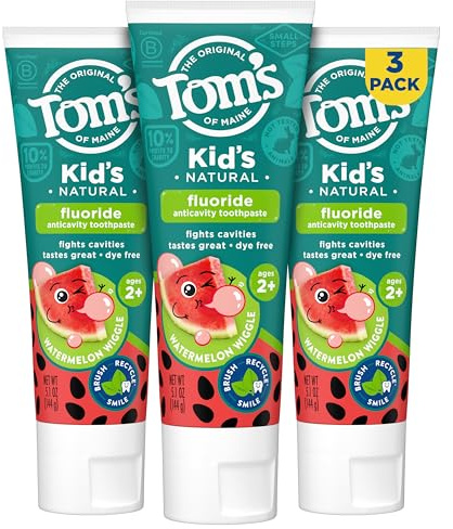 Tom’s of Maine Watermelon Wiggle Kids Toothpaste with Fluoride, Kids Natural Toothpaste, For Children Ages 2 and Up, Helps Prevent Cavities, 5.1 Oz 3 Pack
