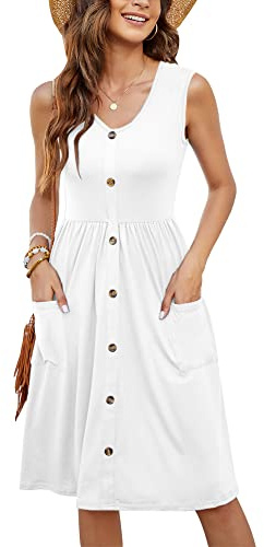 MOLERANI Robe d'été Blanche pour Femme sans Manches décontractée Ample boutonnée mi-Longue avec Poches (Blanc, L)
