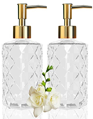 Yiter 330ml/12oz Glass Soap Dispenser, Versatile Hand Dispenser for Bathroom, Kitchen, Bedroom - Reusable for Lotion, Detergent, Essential Oil (2pcs/Clear Gold)