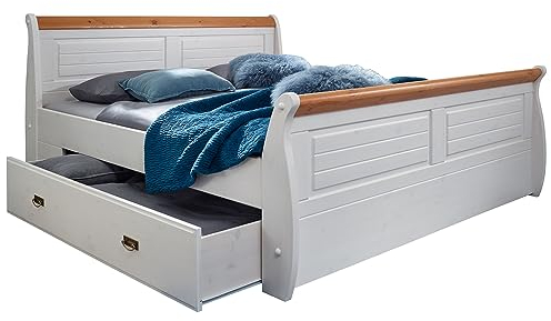Lomadox Schlafzimmer Bett Ehebett Doppelbett 180x200 cm Bettgestell mit Bettkästen in Kiefer massiv weiß mit Honig, B/H/T: ca. 187/99/223 cm